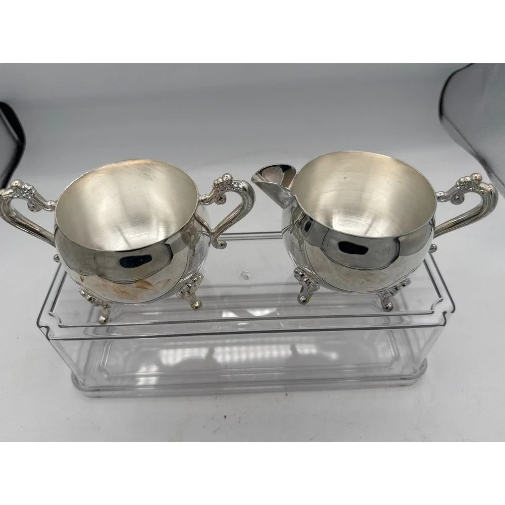 Vintage Silver Plated Creamer Open Sugar Bowl Set Ornate Scroll Handle Footed